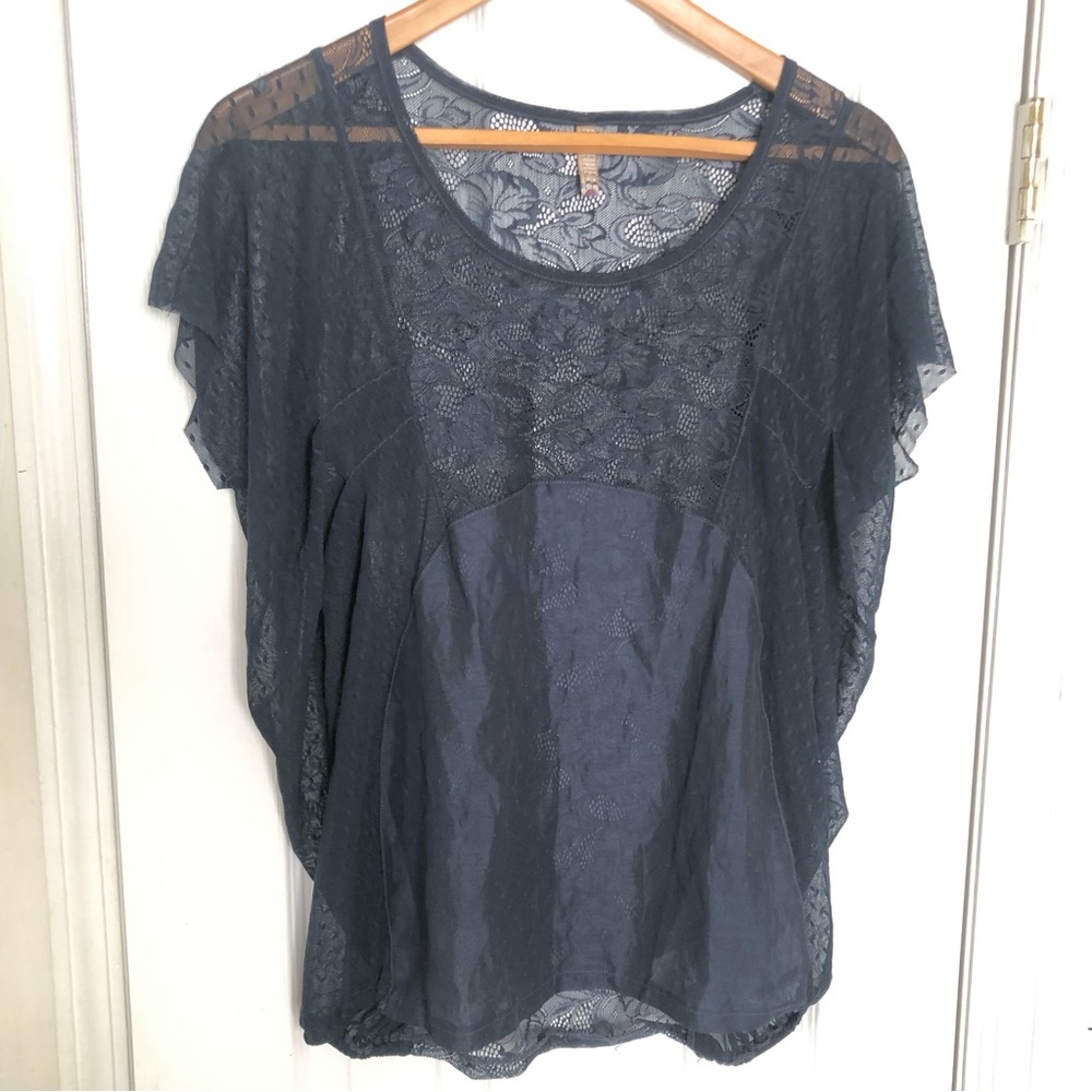 FREE PROPLE Navy Blue Lace Mesh Top Size Medium